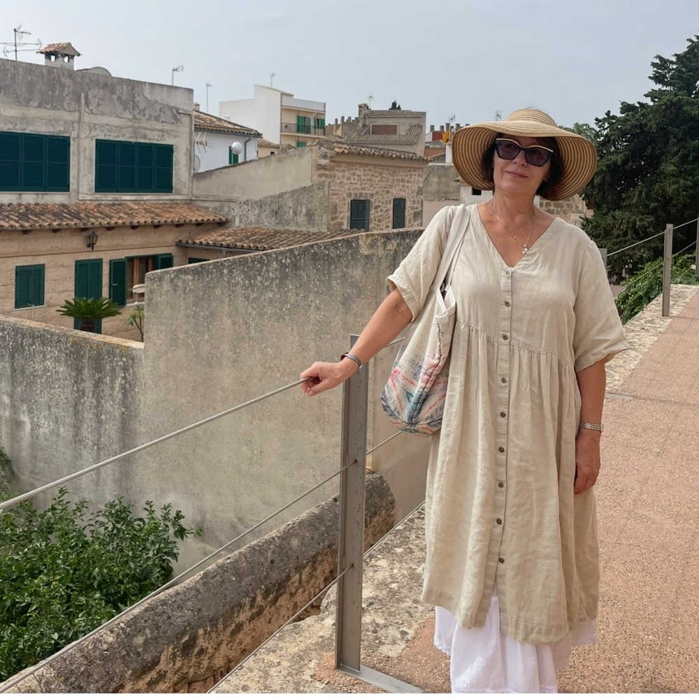 Gudrun Sjoden  short sleeve V neck button down knee length dress  in beige linen